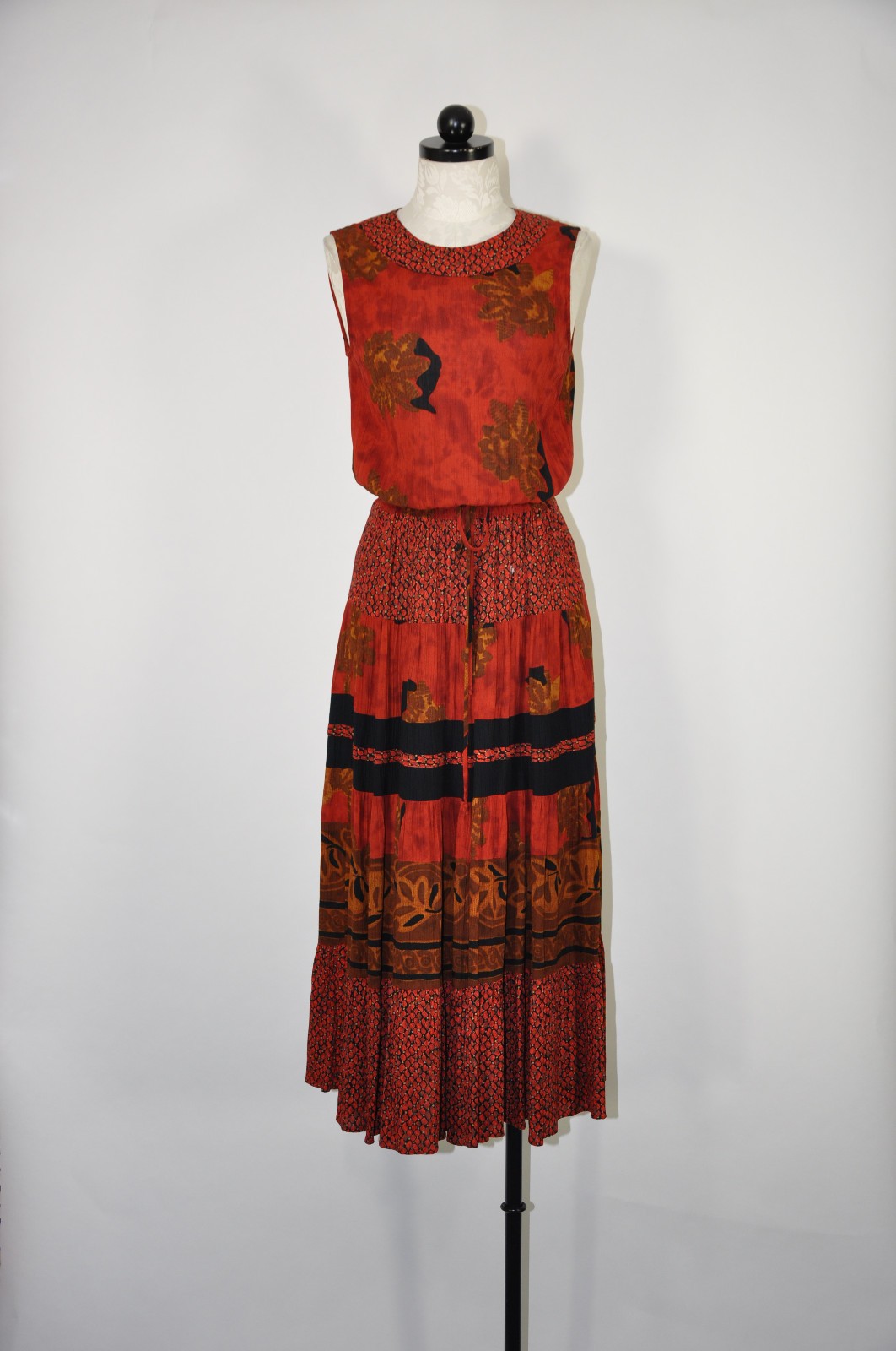 90s Vintage Rust Red Rayon Autumn Leaf Print Sleeveless Midi Dress Women S M