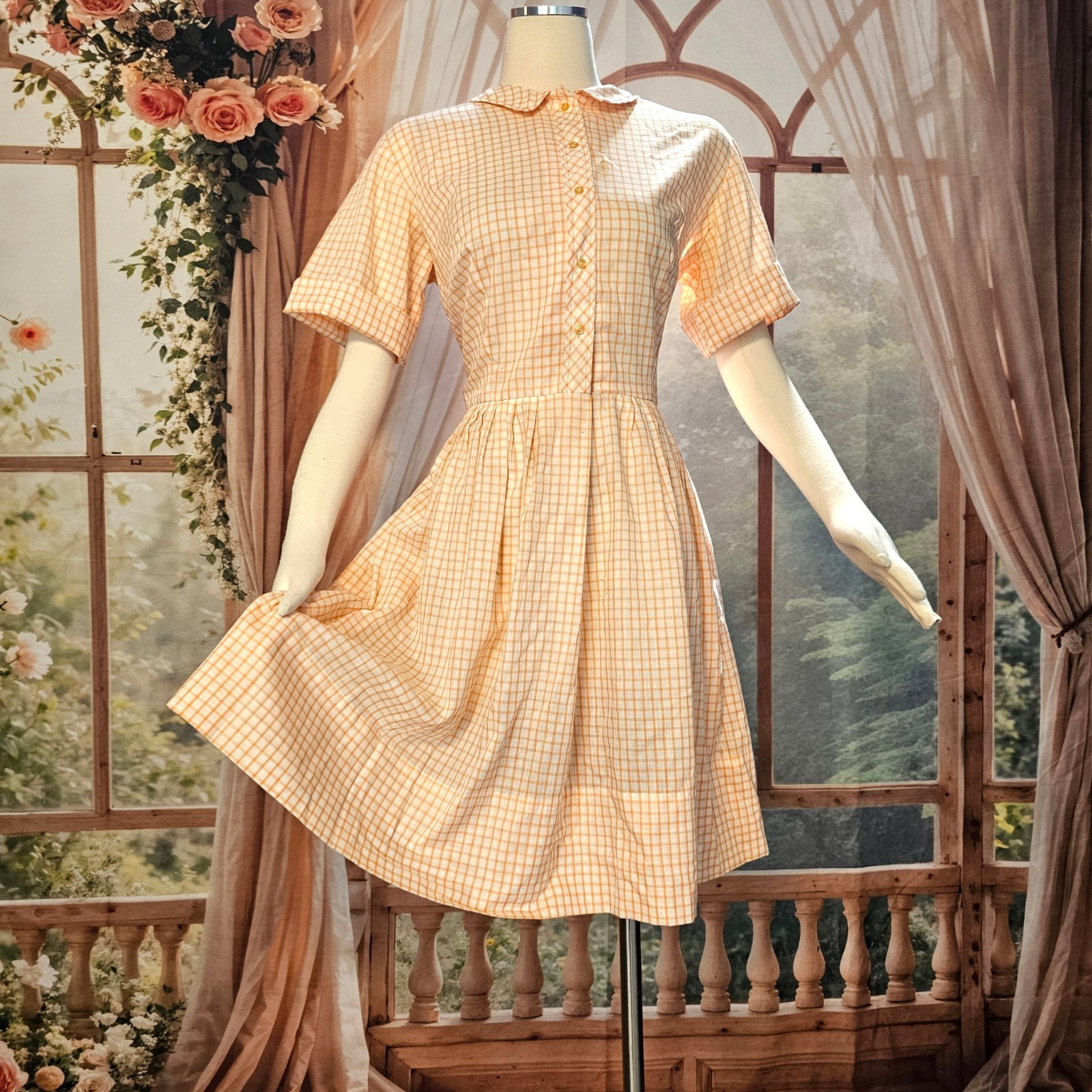 Vintage 1950s 60&rsquo;s Dress Fit and Flare Peter Pan Collar Orange Gingam Check