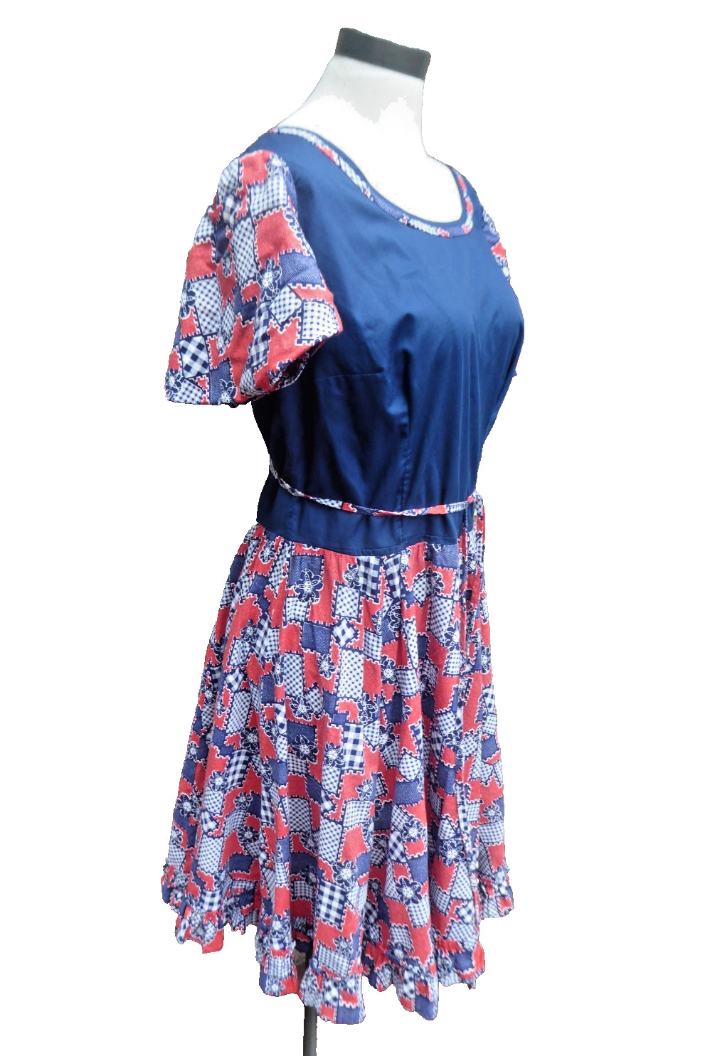 Vtg 70s Patchwork Quilt Print Dress Handmade Tulip Sleeve Patriotic Prairie Med.