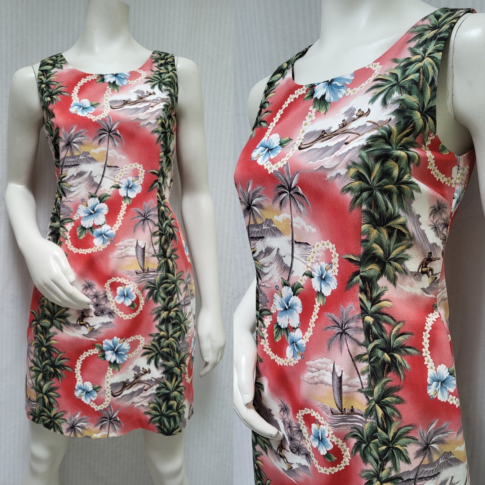 Vintage HILO HATTIE Red Floral Hawaiian Surfer Palm Trees DRESS – Size M – EUC