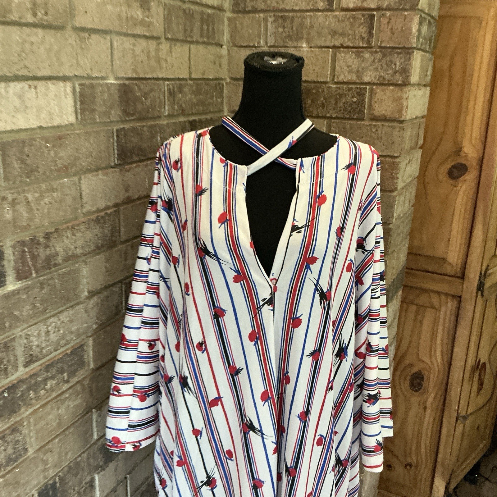 70s VTG White Striped Tulip Print Caftan Maxi Dress Batwing One Size Plus #8E2