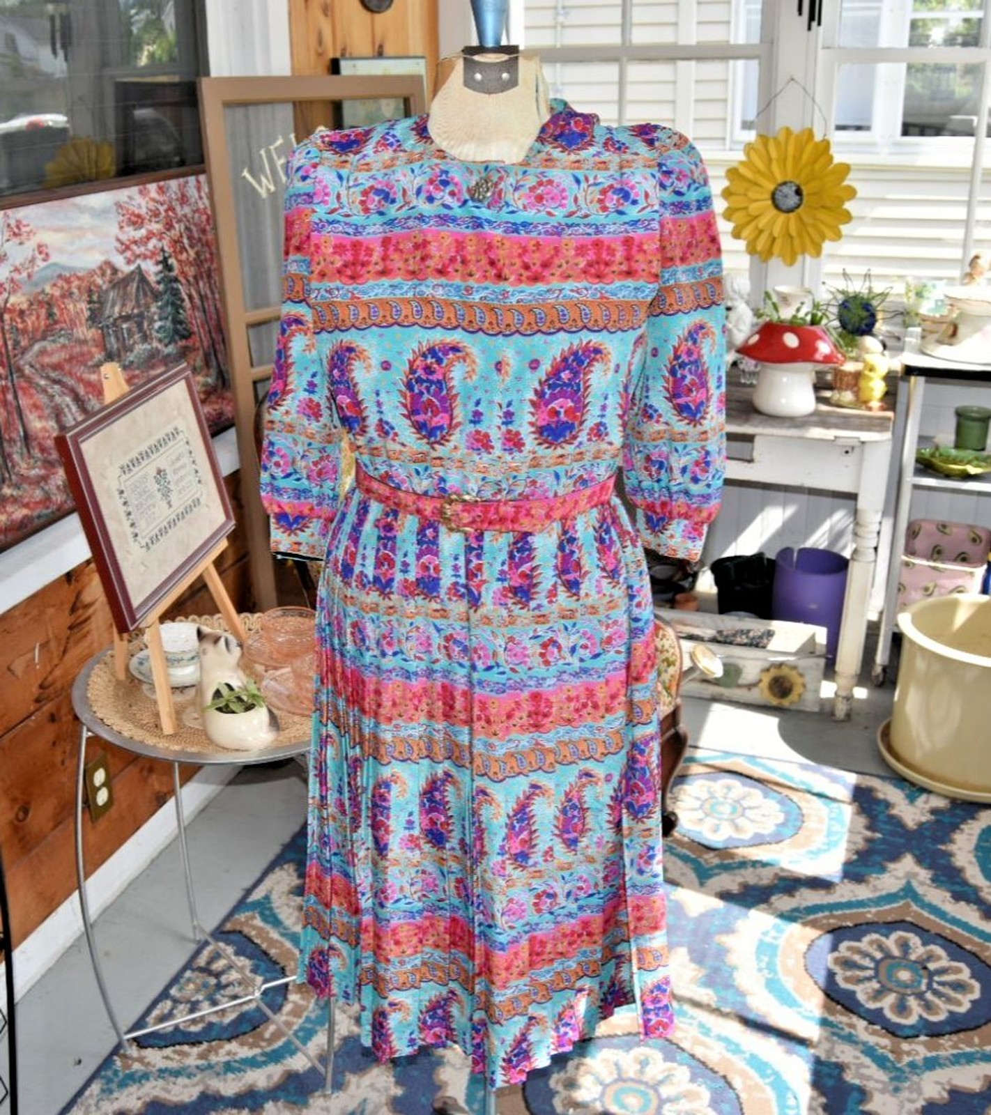 Vintage 80s Lady Carol Dress Pleated 3/4 Sleeve Button Paisley Modest Size Large