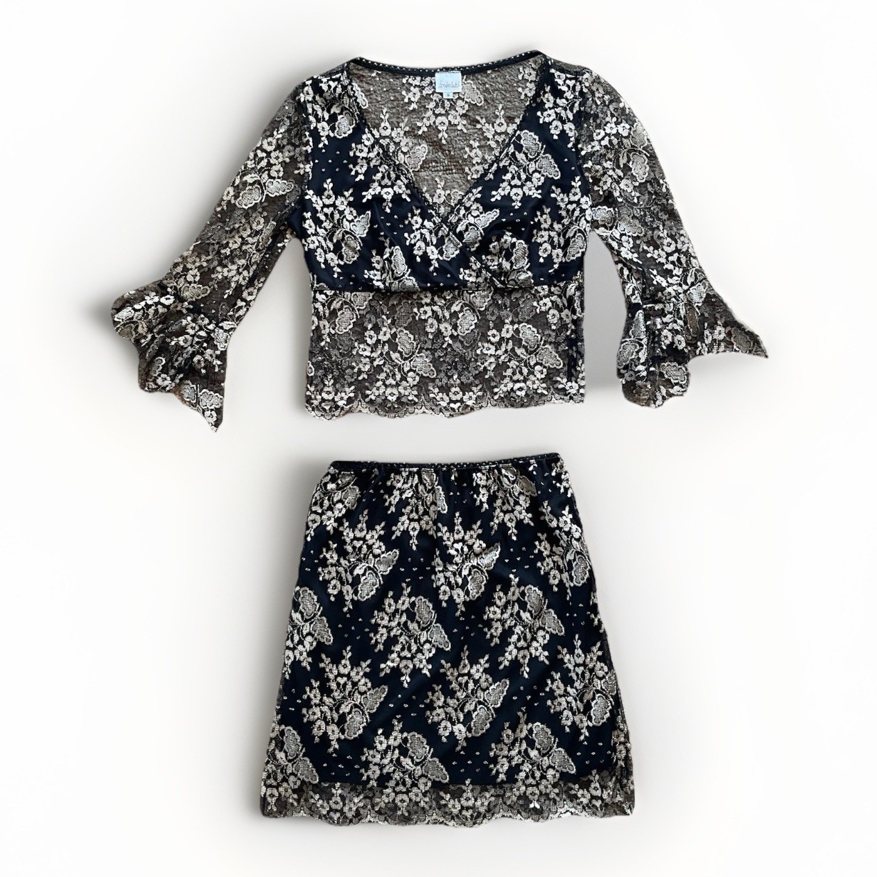 VTG FREDERICK&rsquo;S of HOLLYWOOD 2PC Mini Skirt Cropped Top Sheer Black Floral Lace