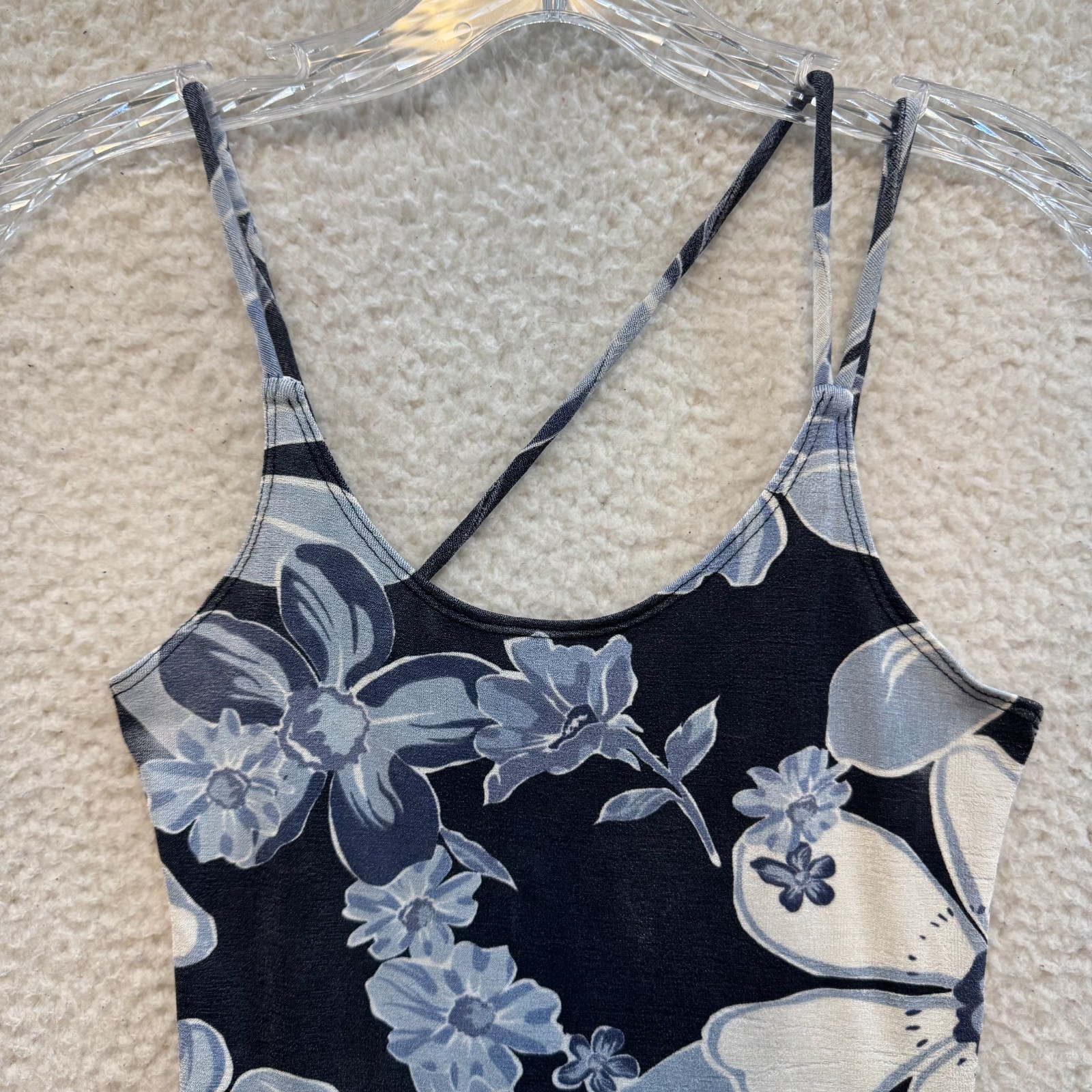 90s Y2K Vintage Camisole Tank Top XS Small Blue Floral Slinky Stretch Asymmetric