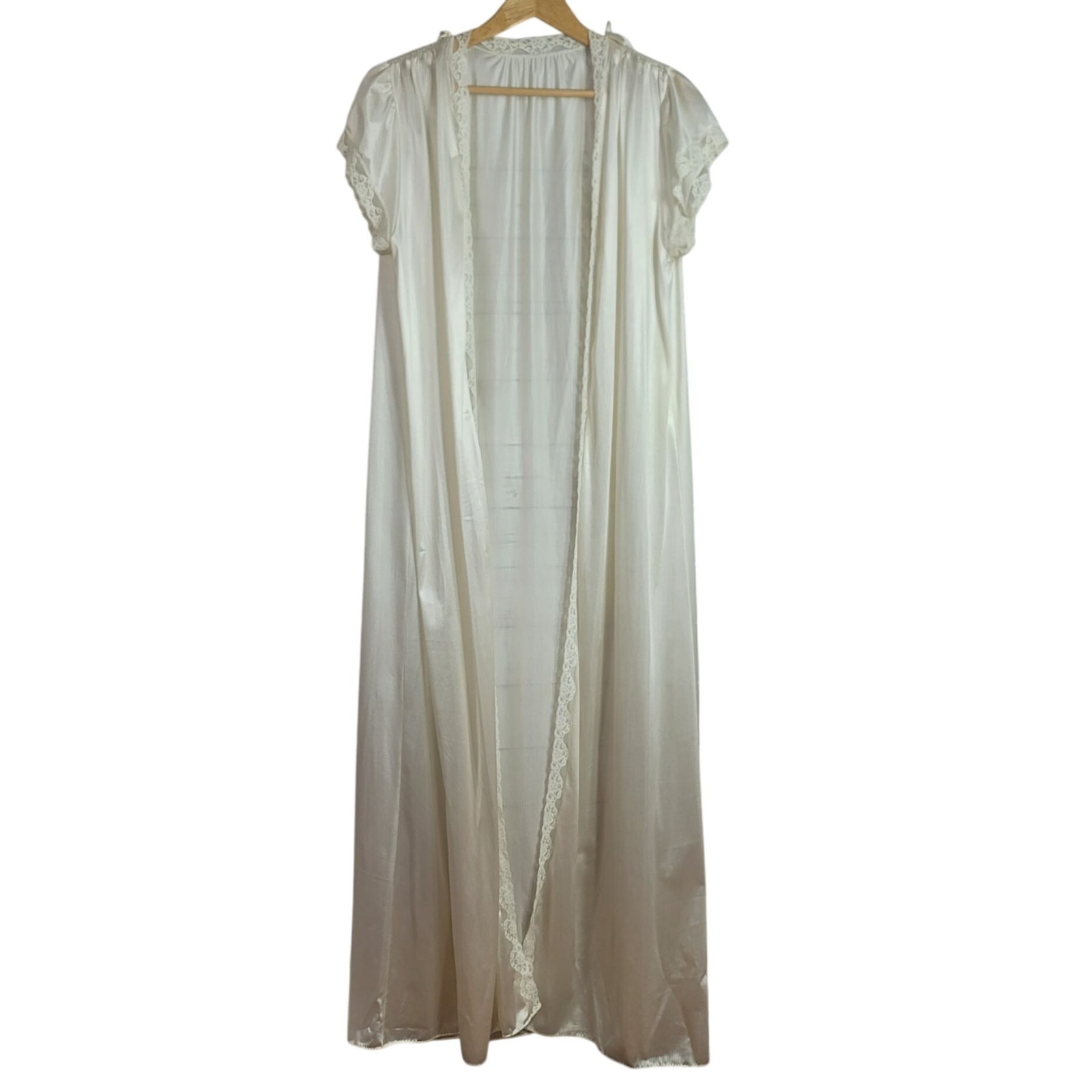 Miss Elaine Long Robe Peignoir Cream Large Lace Stripe ILGWU Nylon USA VTG READ