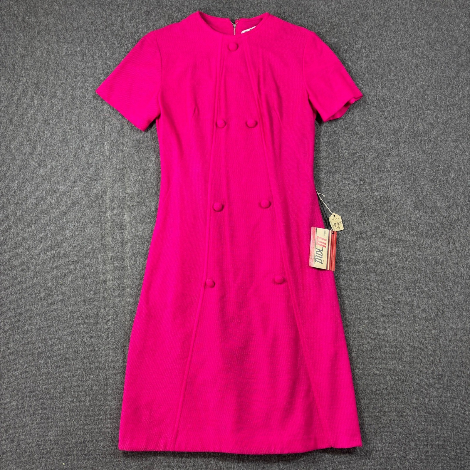 Vintage 60s Lu&rsquo;knit Hot Pink Knit Short Sleeve Shift Dress Size 14 NWT