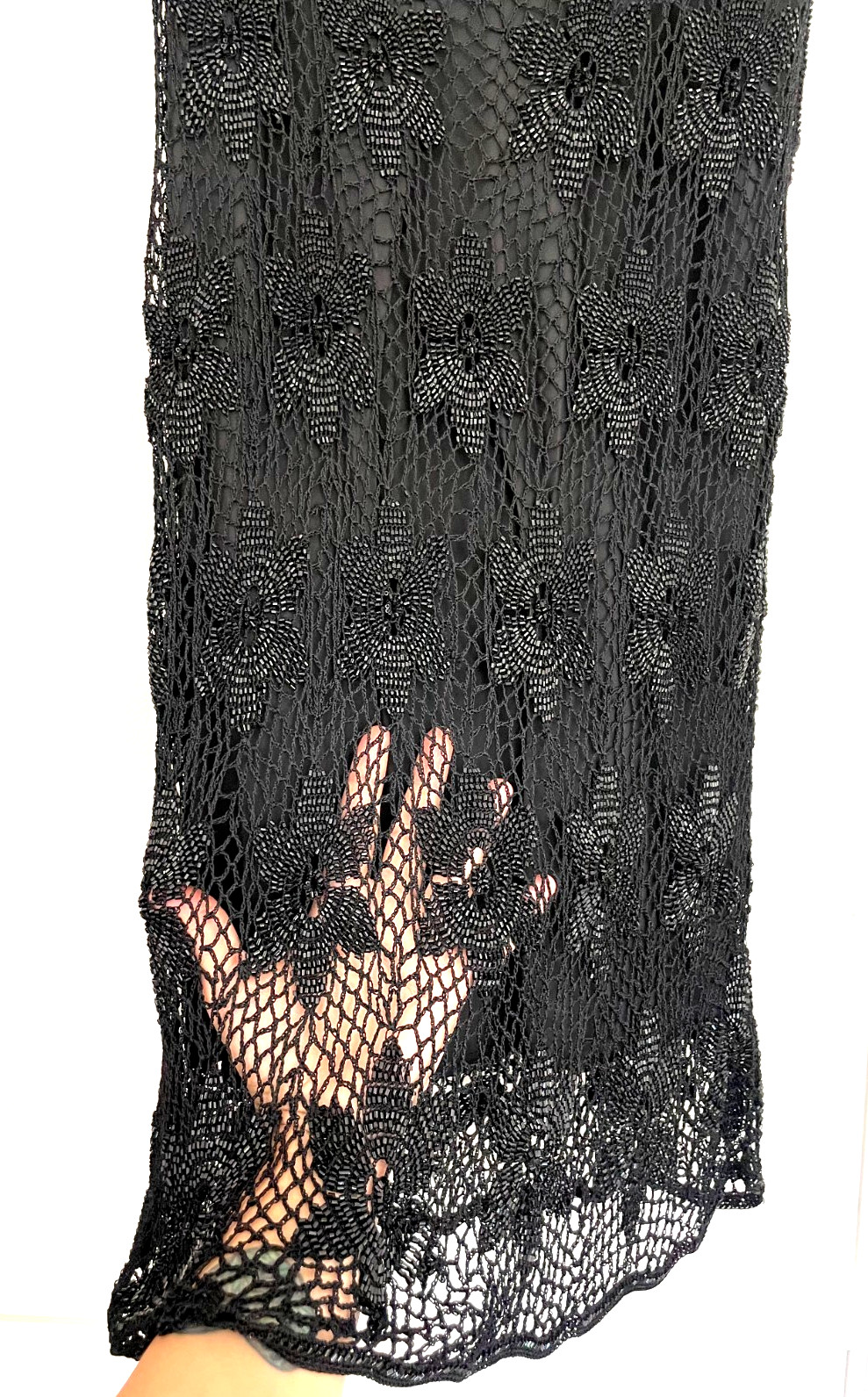 Vintage Alberta Ferretti Beaded Crochet Low Rise Bias Midi Skirt Black Sz M Y2K