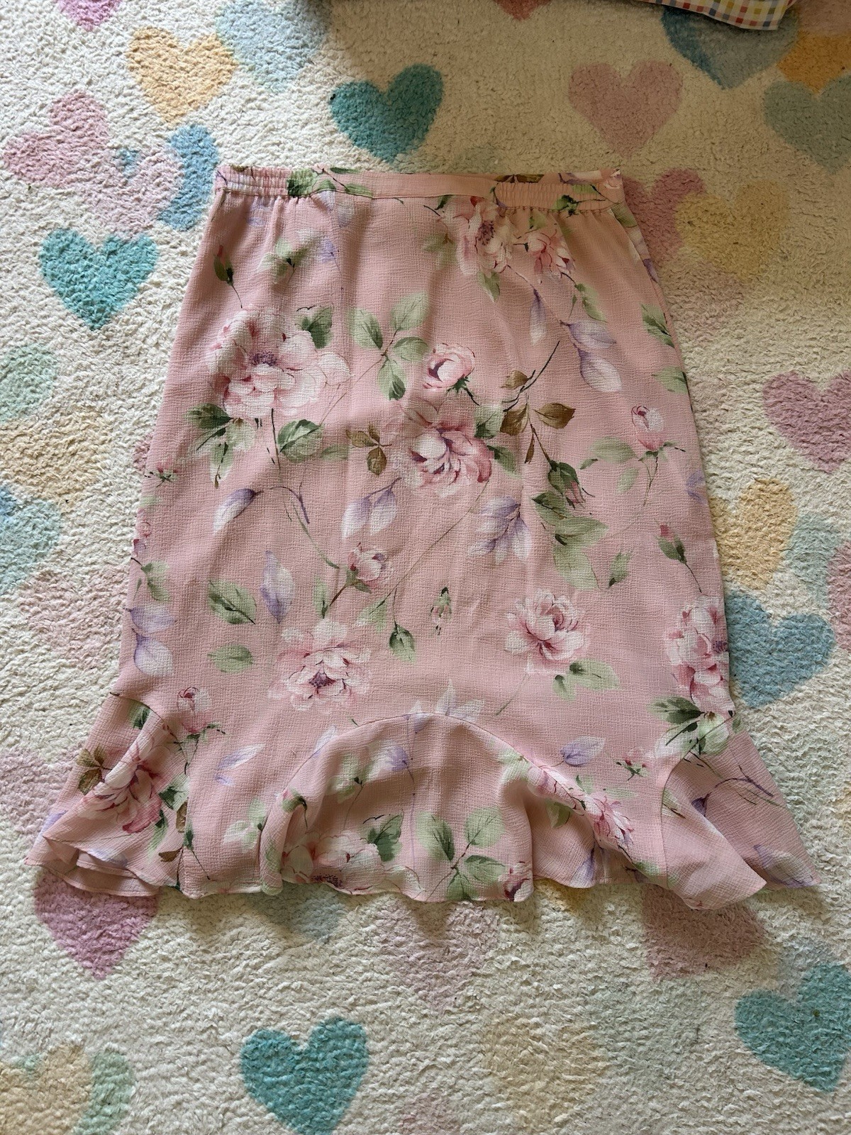 2000s pink floral fairycore ruffle hem midi skirt size 14 XL