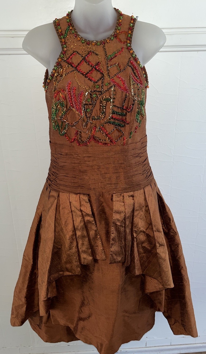 Stunning OOAK 1950s Raw Silk Hand Beaded Copper Bubble Evening Dress Tiered-Sz S