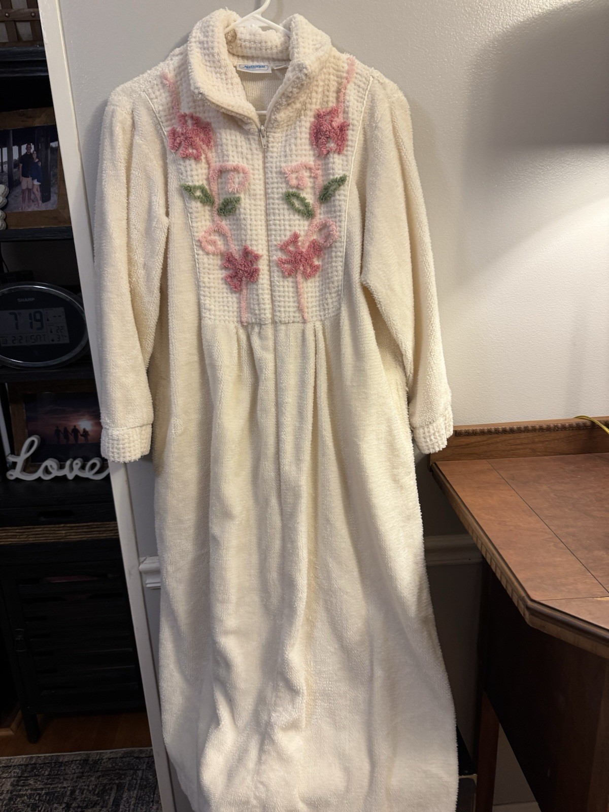 Vintage National Chenille Robe Womens Cream Sleepwear Flowers Cotton Blend Zip
