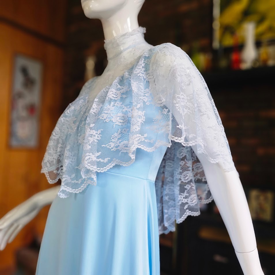 Vtg 70s Victorian Revival High Lace Neck Powder Blue Capelet Maxi Gown Dress S/M