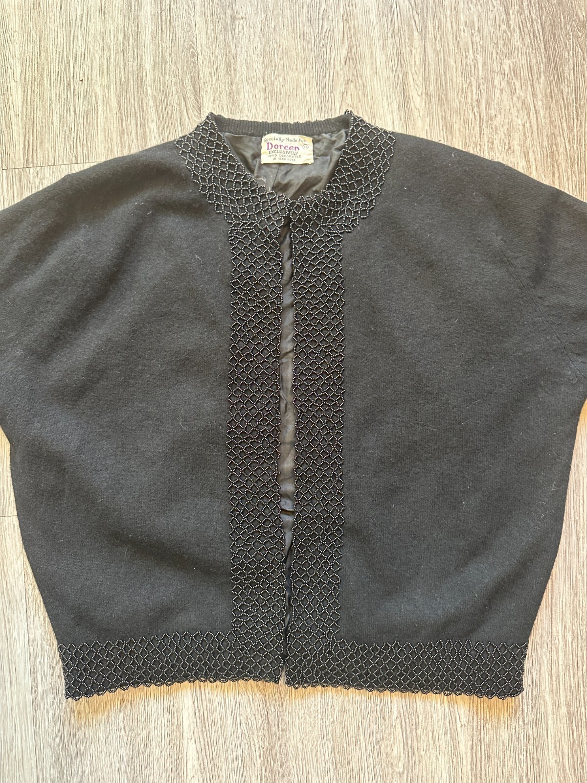Vintage Cardigan Angora Wool Beaded Black Short Sleeve Doreen Small
