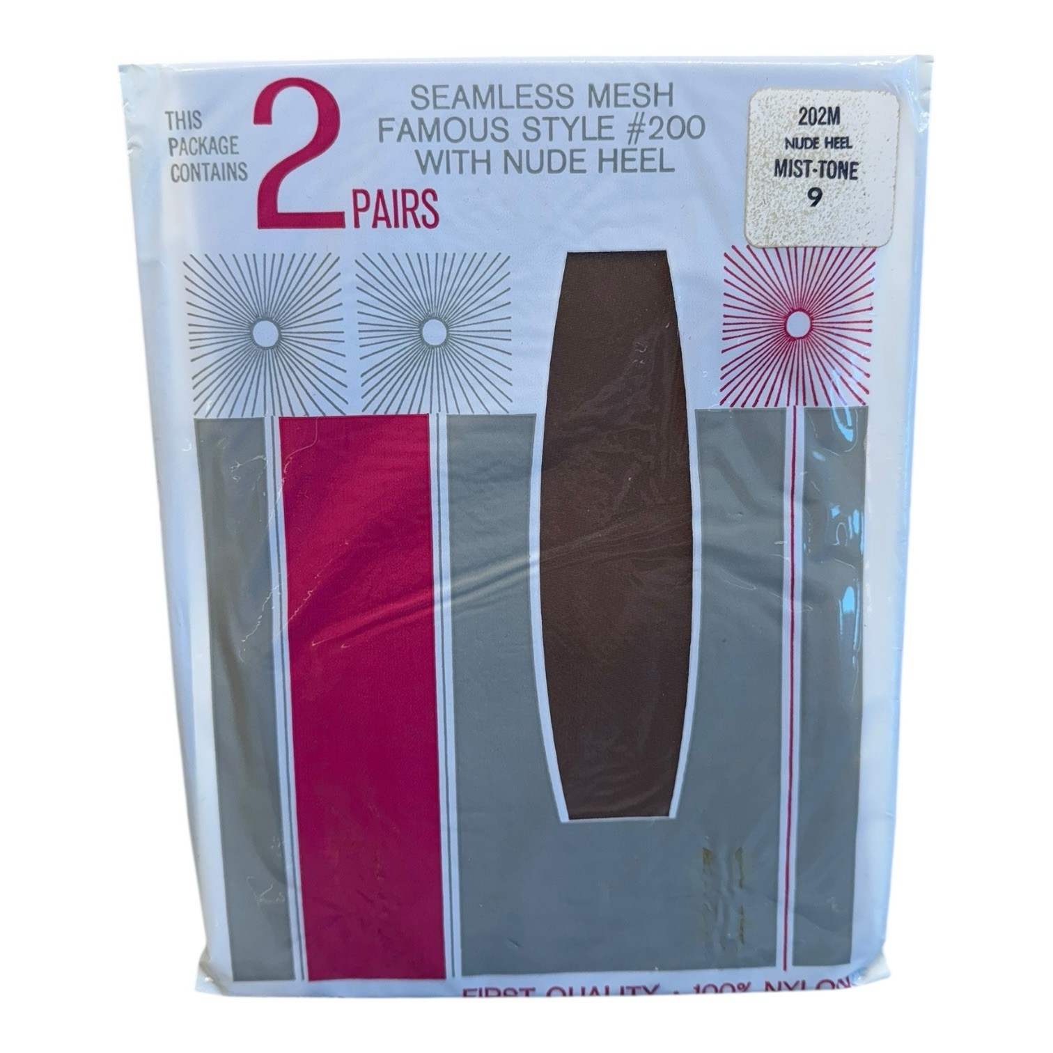 Vintage 2 Pair Seamless Mesh Famous Style Stockings Nude Heel Mist Tone 9 Nylon
