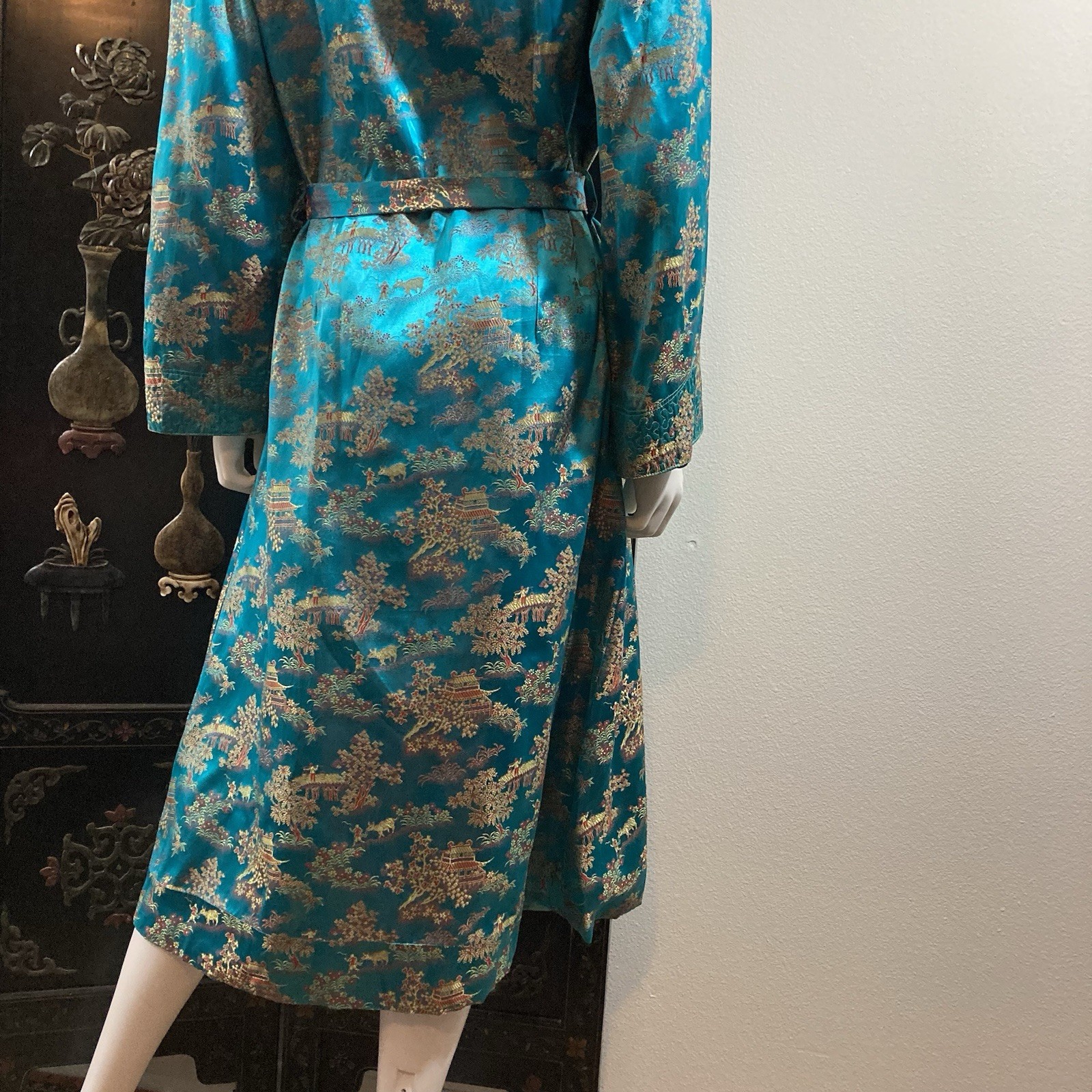 Vintage Blue Brocade Asian Robe, M. M. Comfort Wear, Made In Hong Kong