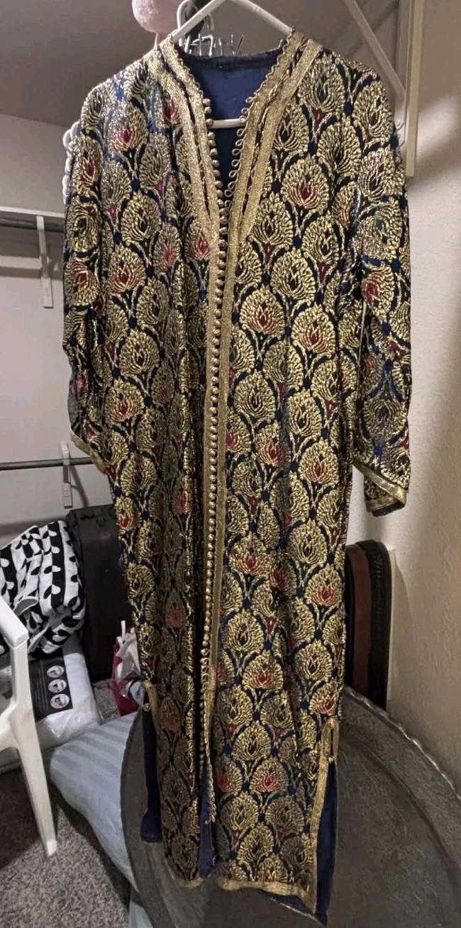 Gorgeous Vintage Moroccan Silk Caftan Heavy Gold Embroidery 1960&rsquo;s