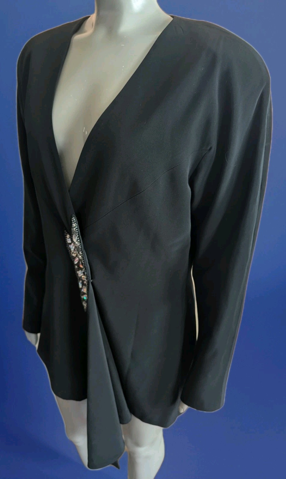 Vintage 80s D&rsquo;ore Black Draped Jacket w/Rhinestone Accent Draped Fold 16