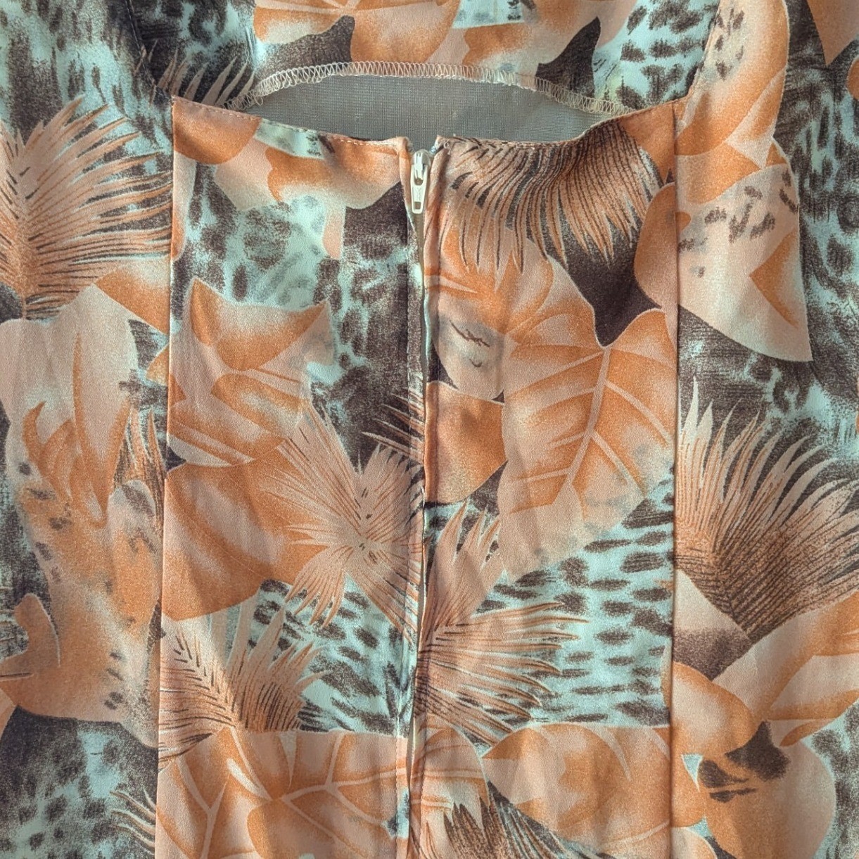 Vtg Chiffon Tropical Leopard Ruffle Midi Dress Asymmetrical Hem Sz 14 Cocktail