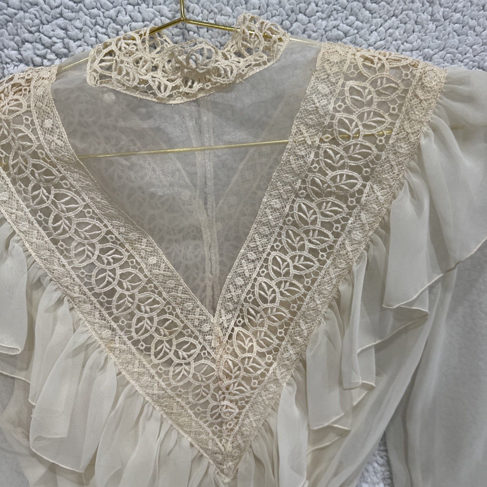 Vtg 70s ILGWU Ivory Peignoir Style Dress Sheer Chiffon Lace Yoke 9/10 Cottage