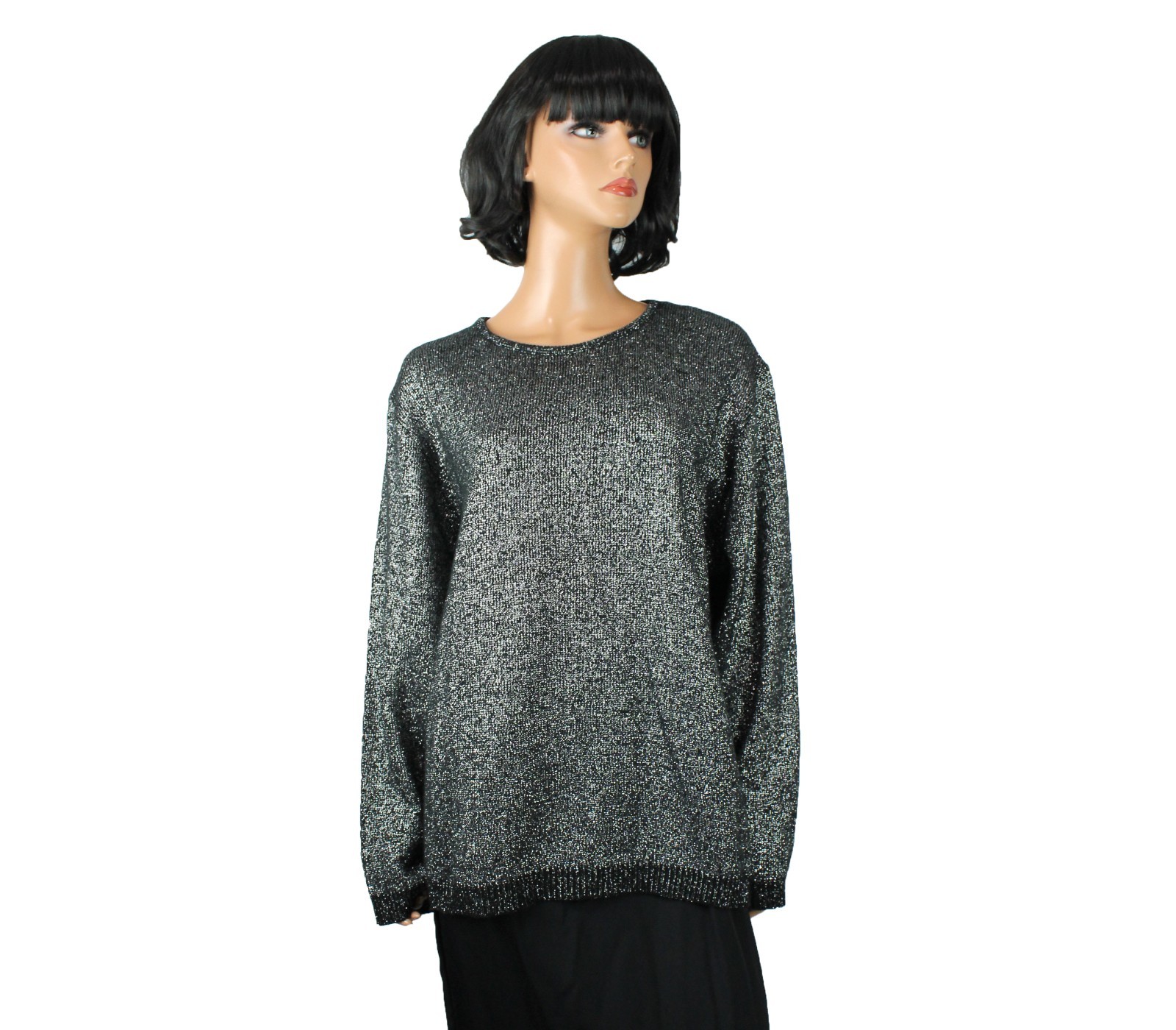 Sparkly Silver Black Sweater 3X XXXL Vintage 80s Bedford Fair Plus Size Shiny