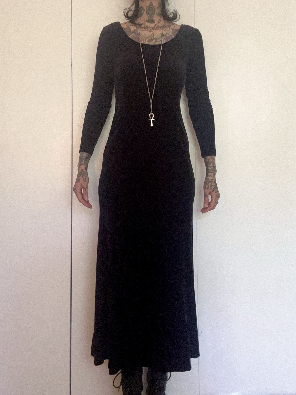 Vintage 90s Black Velvet Long Sleeve Maxi Dress