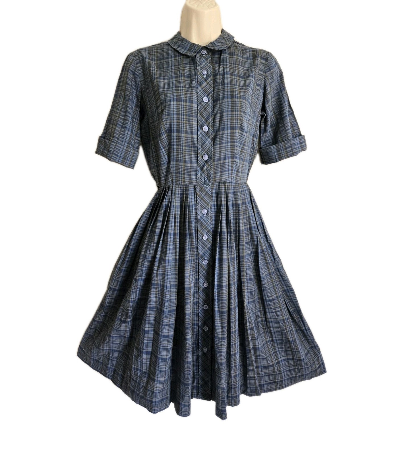 Vtg 50s COS COB Plaid Poly/Cotton Shirtwaist Dress Full Pleated Skirt 24&Prime; Waist
