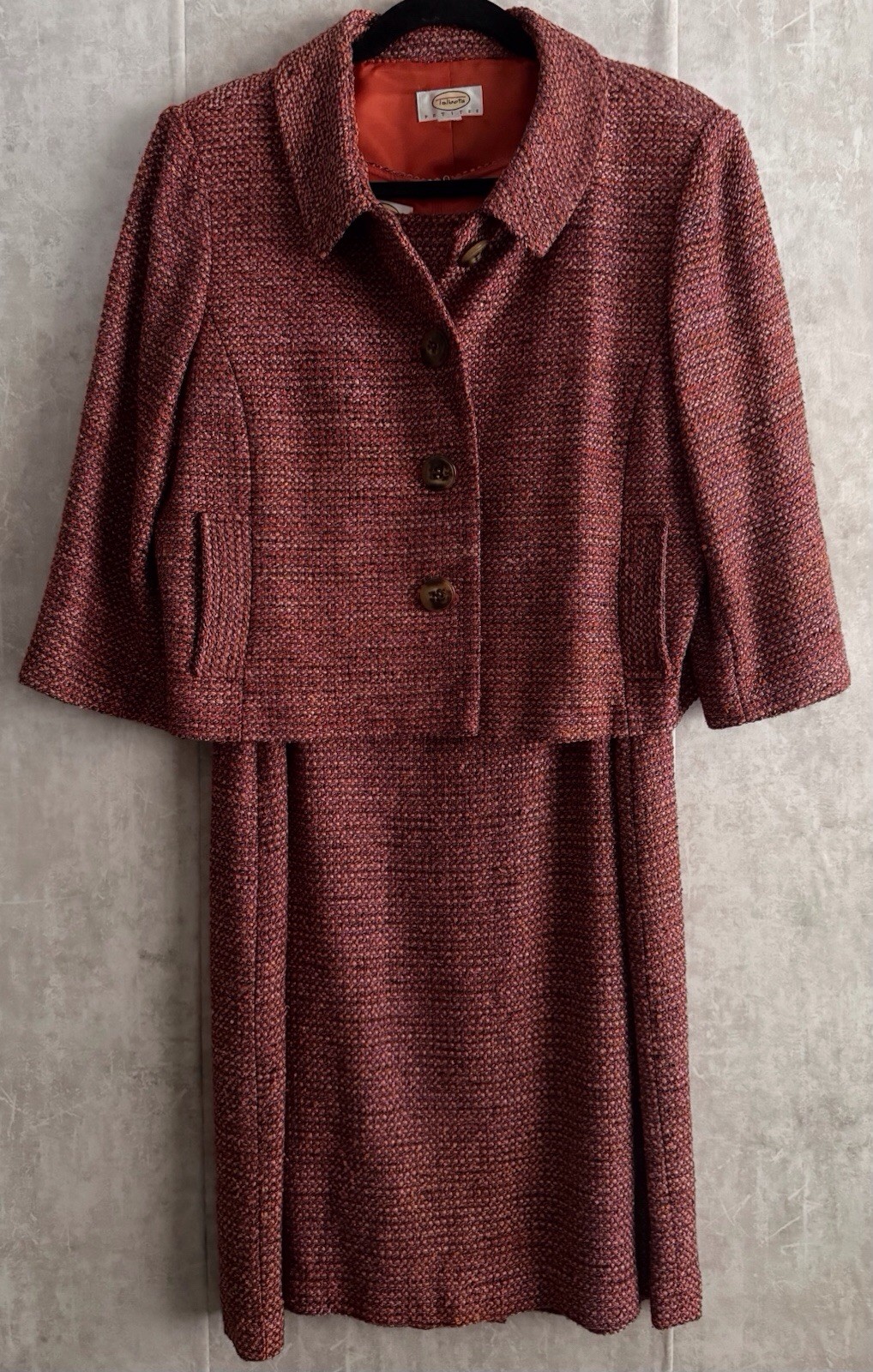 Talbots 2pc Silk Blend Multi Rasberry/Wine Tweed Sheath Dress Jacket Set Sz12P