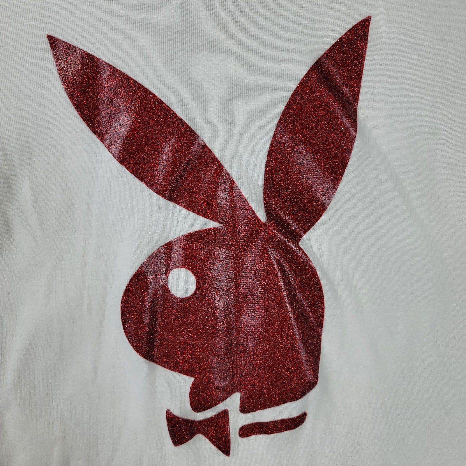 Vintage Playboy Women White Red Ringer T-Shirt Glitter Bunny Logo 25-347 Small