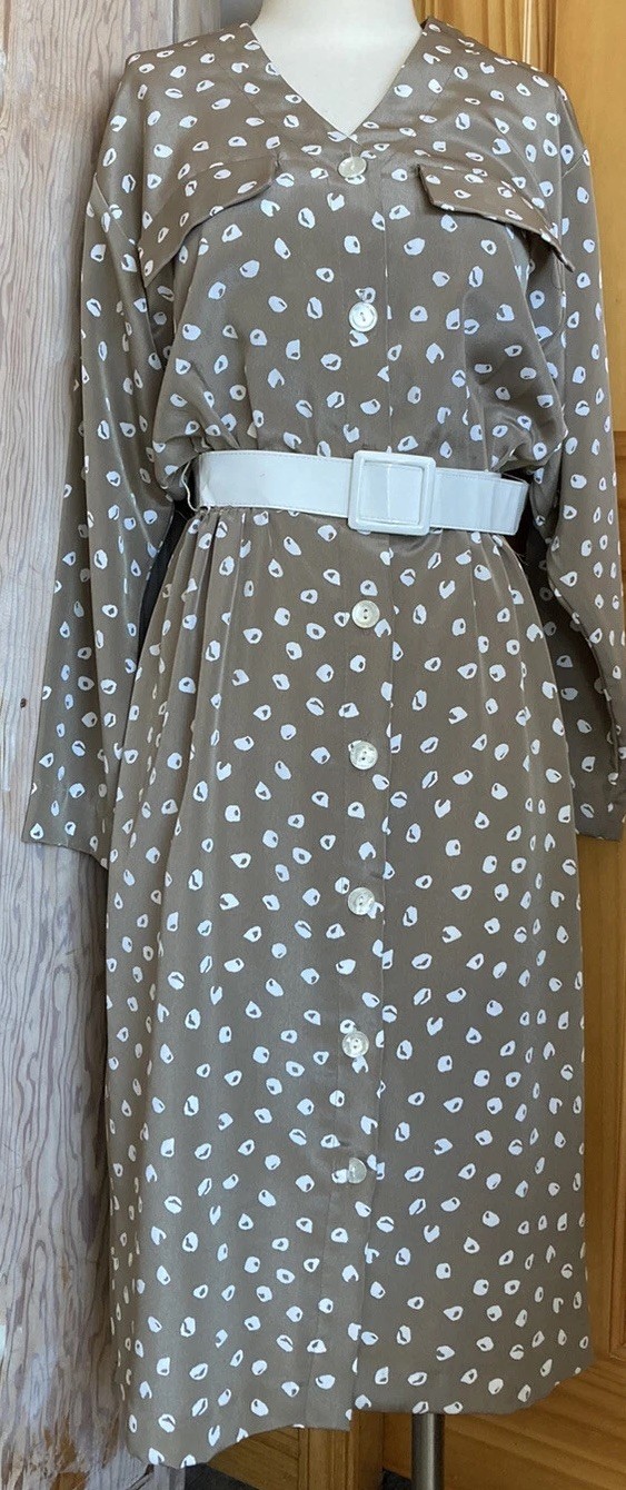 80s Vintage Taupe Polka Dot Day Dress + Belt Button Down Front – AS IS