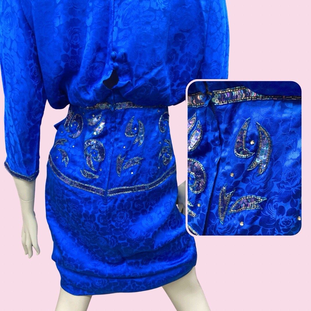 DYNASTY 1980s Cobalt Blue Rhinestone Embellished Silk Draped Dress