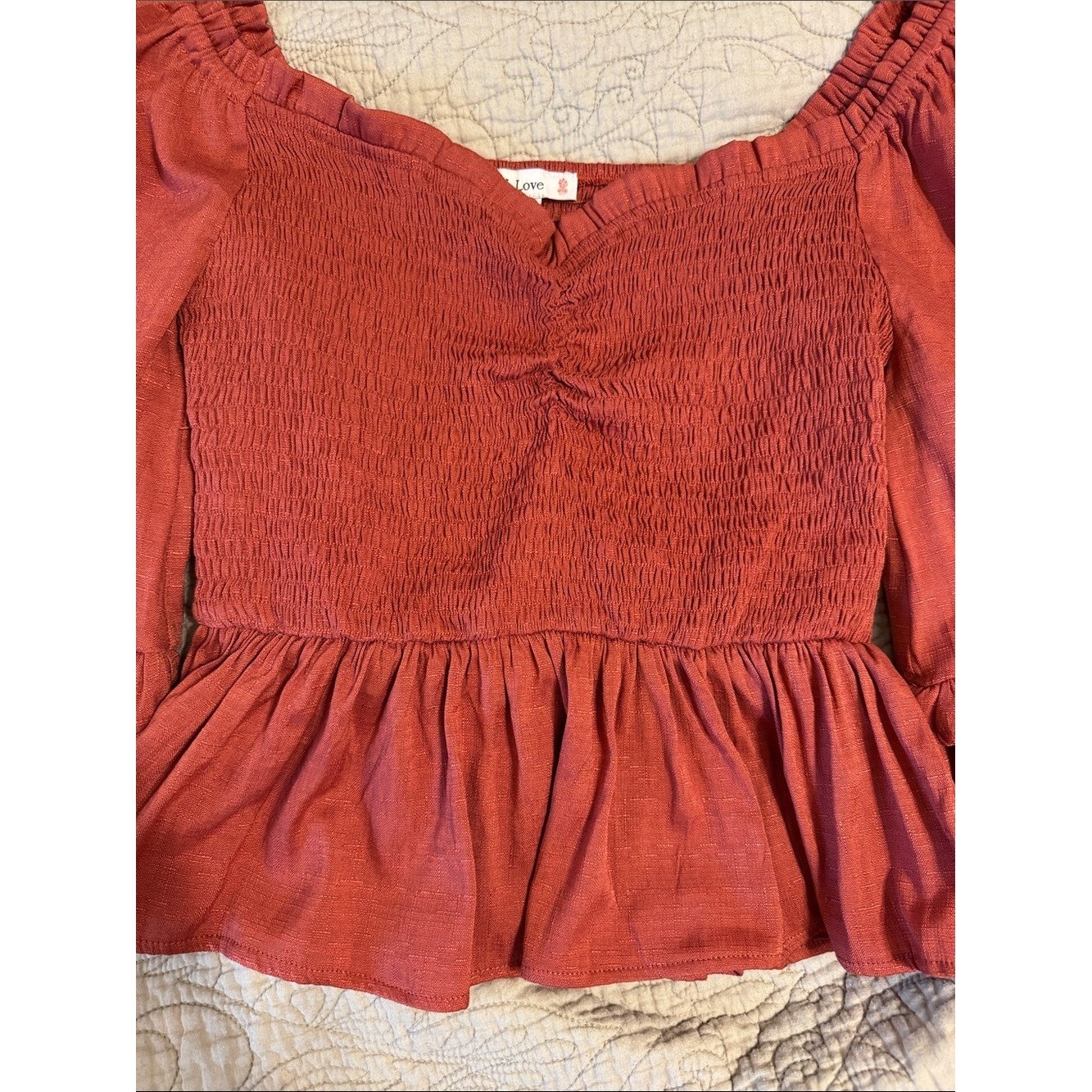 Boho Smocked Peplum Peasant Blouse with Ruffle Bell Sleeves Size M – Rust Rose