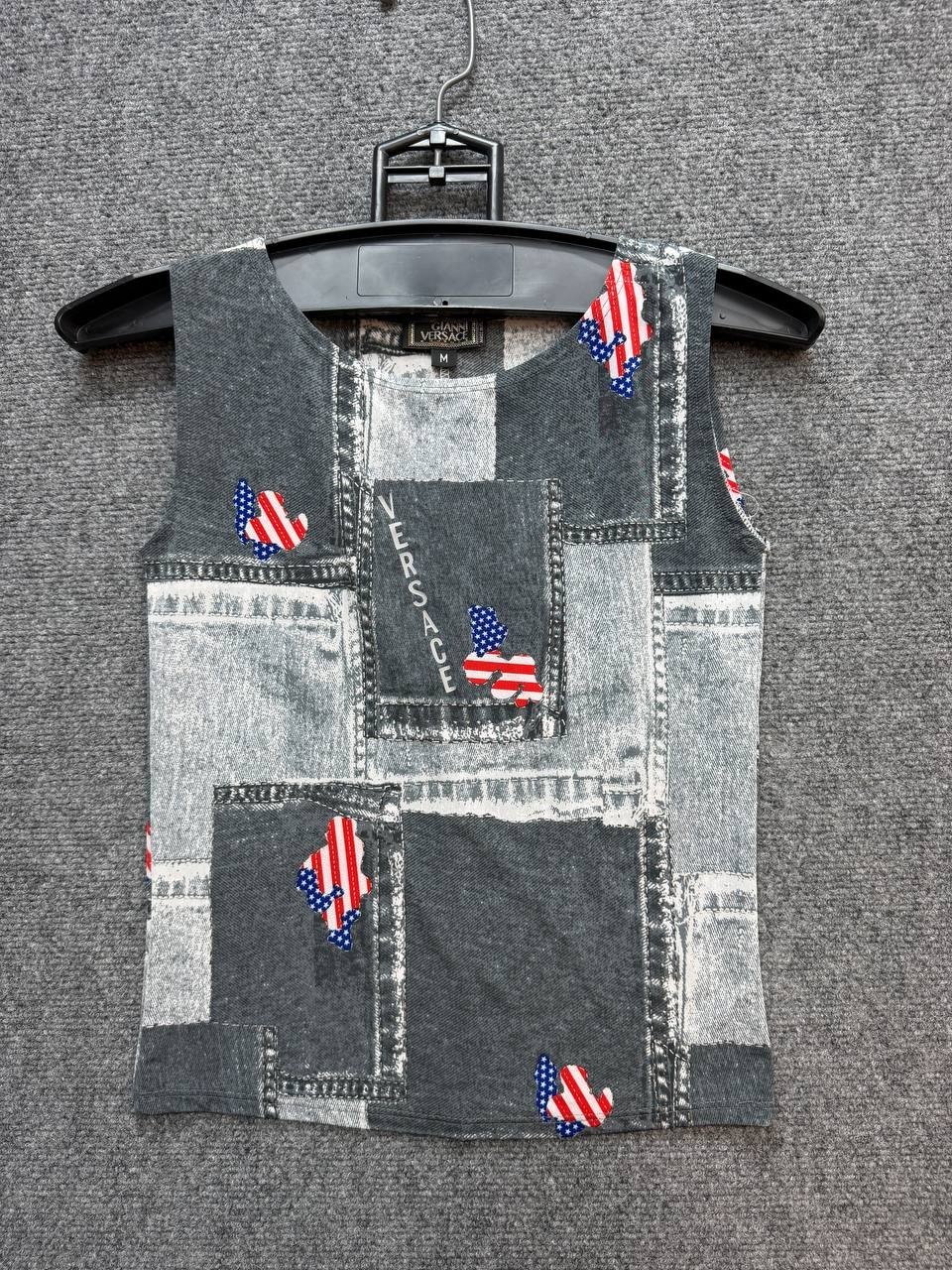 Gianni Versace Women&rsquo;s Tank Top Size M Gray Patchwork USA Flag Print