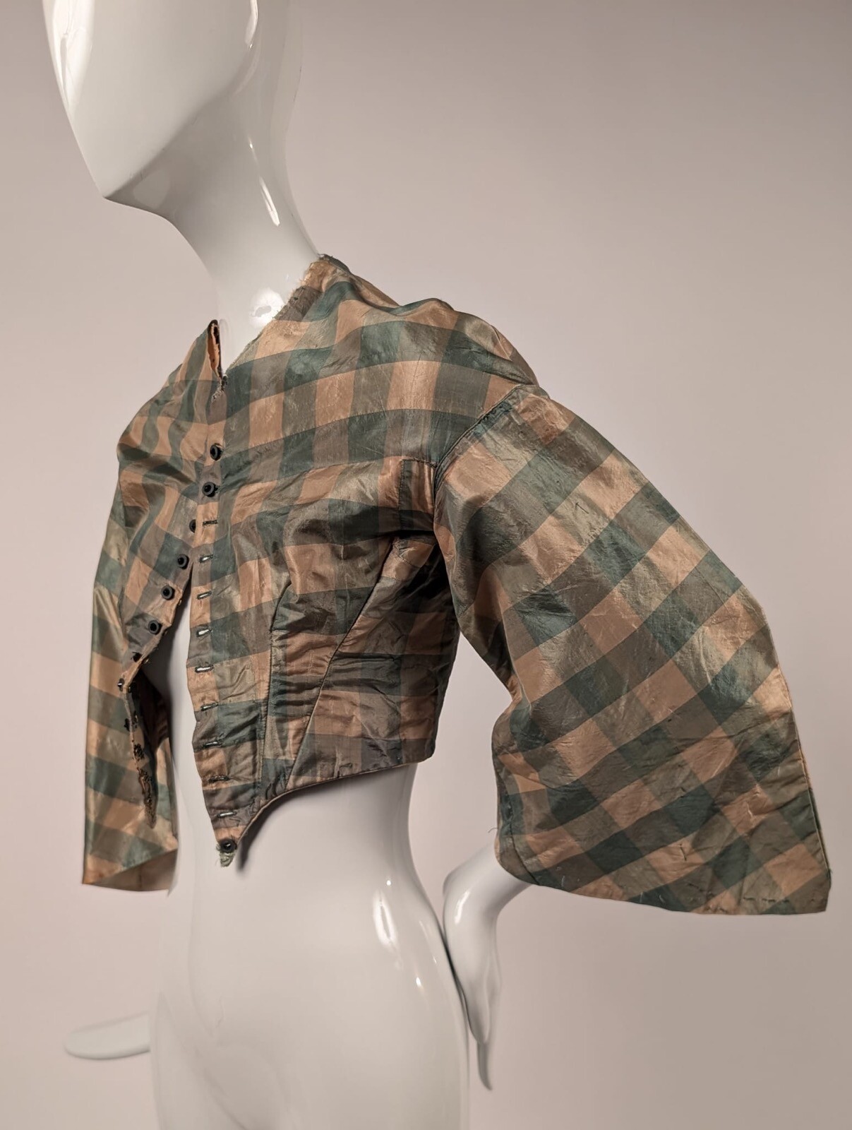 CIVIL WAR ERA PLAID SILK TAFFETA BODICE W PAGODA SLEEVES