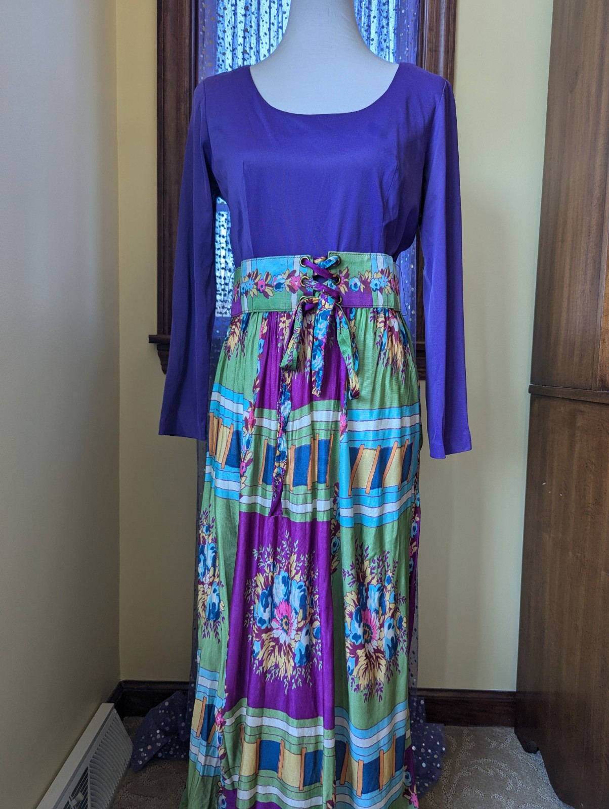Vintage 70&rsquo;s Psychedelic Purple Corset Belt Polyester Maxi Dress Sz Medium Tall