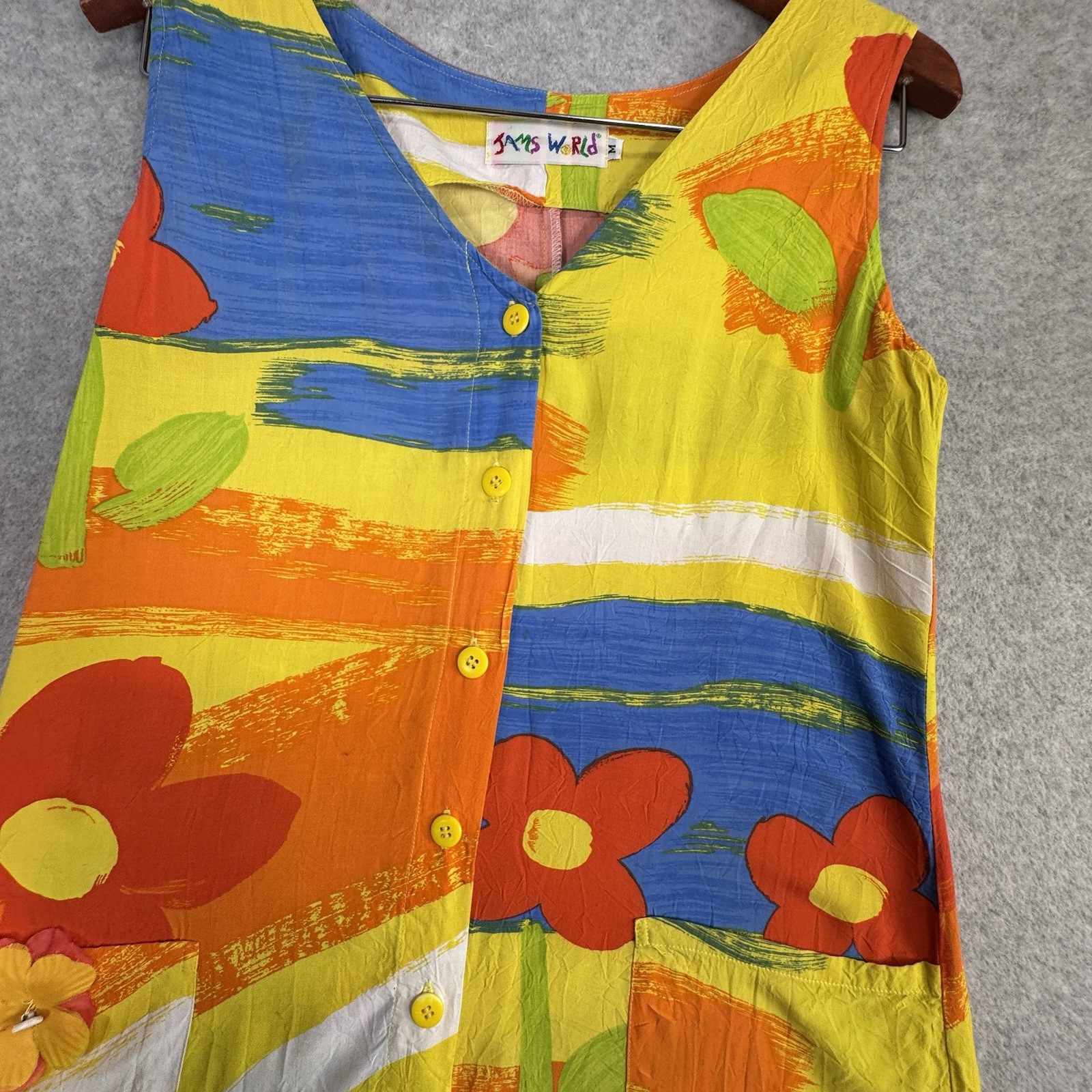 Jams World VTG 90s Floral Colorblock Maxi Dress Button Front Pocket M Bright