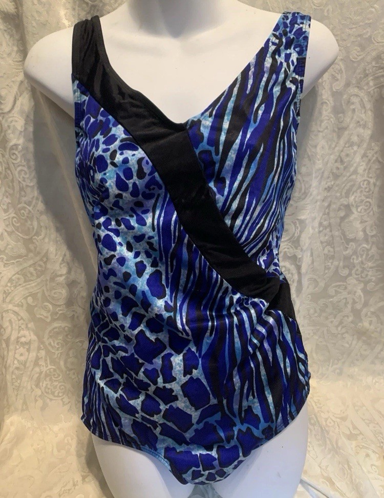 Vintage 70’s/80’s Avon Fashions Swimsuit Blue/Black Animal Print Sz 17/18