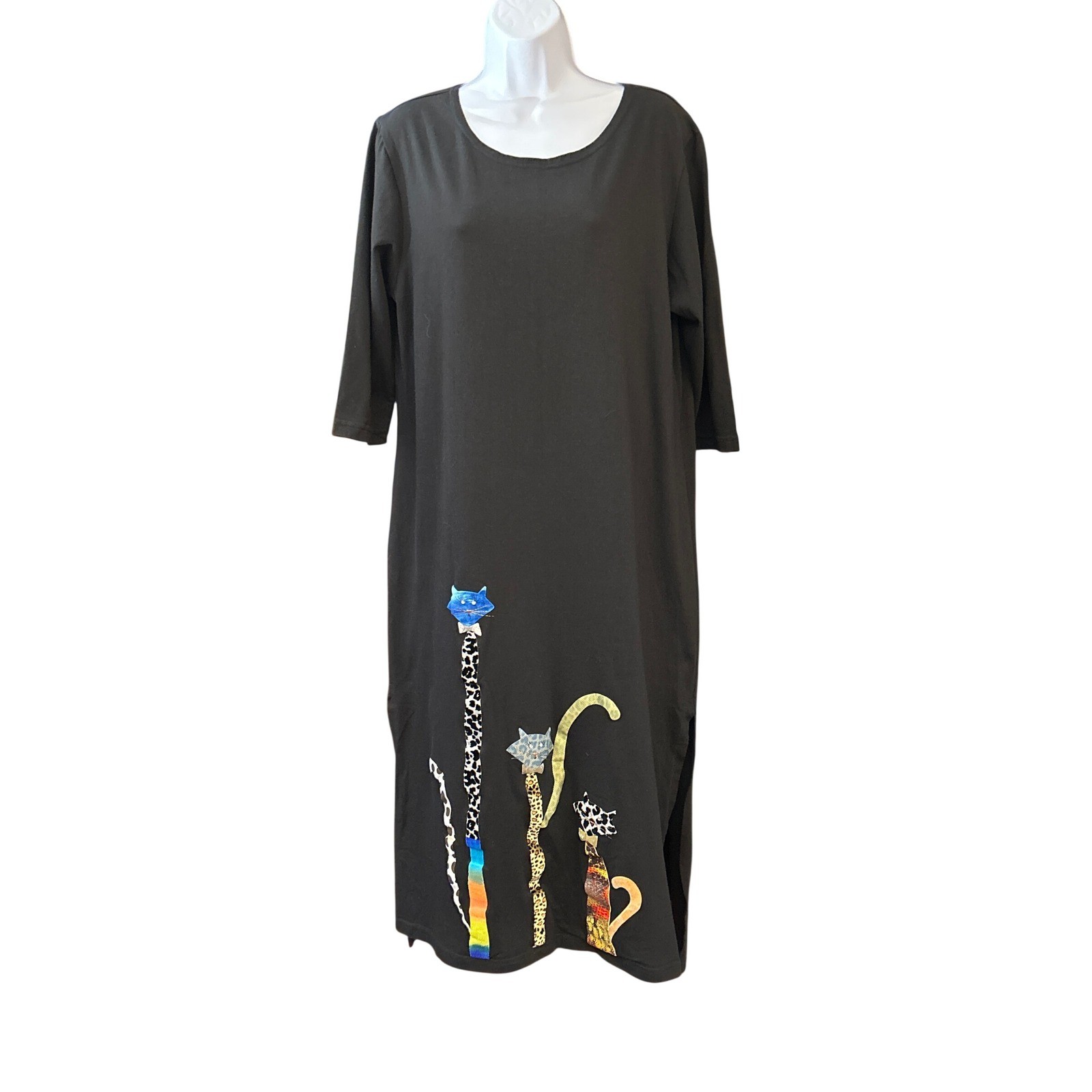 Vintage 90s Karla Marie Maxi Dress Whimsical Cat Art To Wear Kitschy Funky