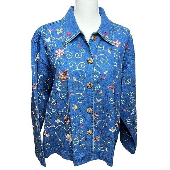 Units Women&rsquo;s Lightweight Denim Jacket VTG 1980&rsquo;s Embroidered Flowers Vines XL