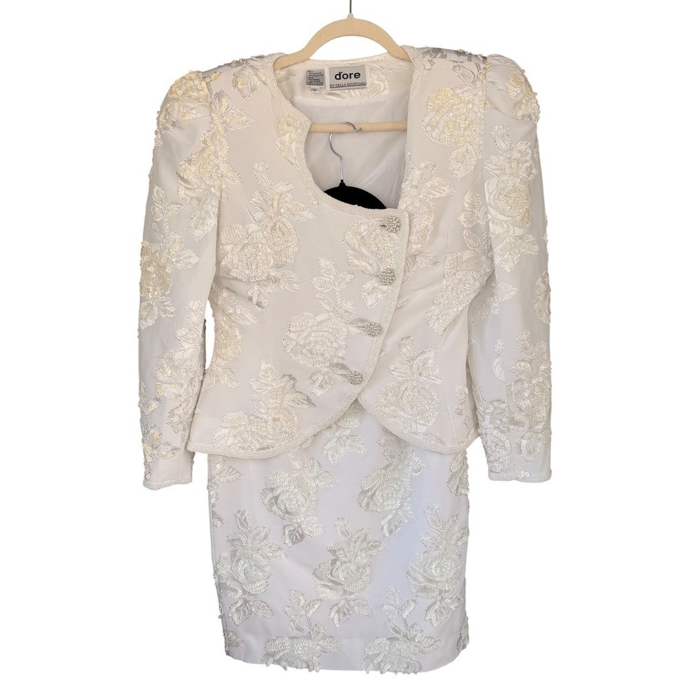 T11 80s VTG Dore by Della Roufogali Vintage Cream Sequin Floral Skirt Suit Set 8