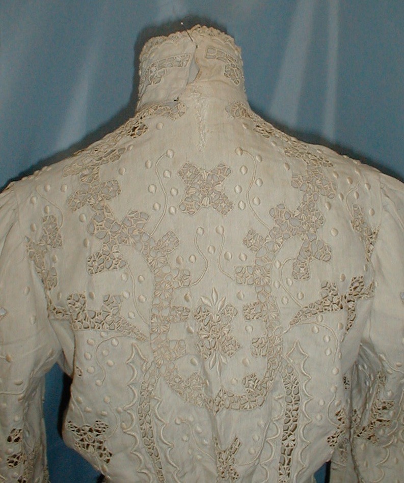 Elegant Antique Dress Victorian 1890 Beige Cut Work Linen Tea Dress