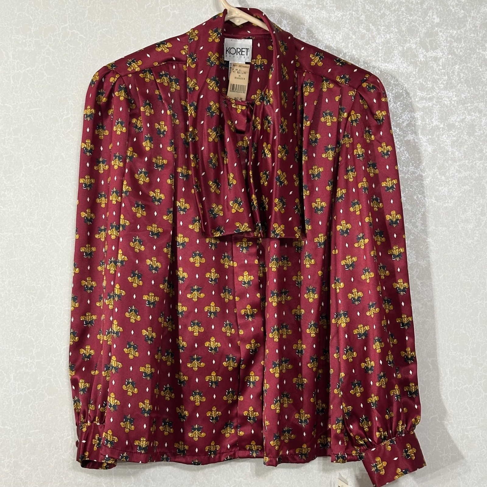 Koret Fleur-de-Lis Pussycat Bow Secretary Blouse Satin VTG NWT Burgundy 12P
