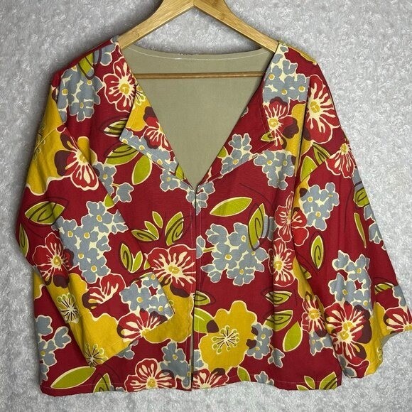 Handmade Floral Open Front Boxy Jacket Red Yellow Green Wide Sleeve Boho Top