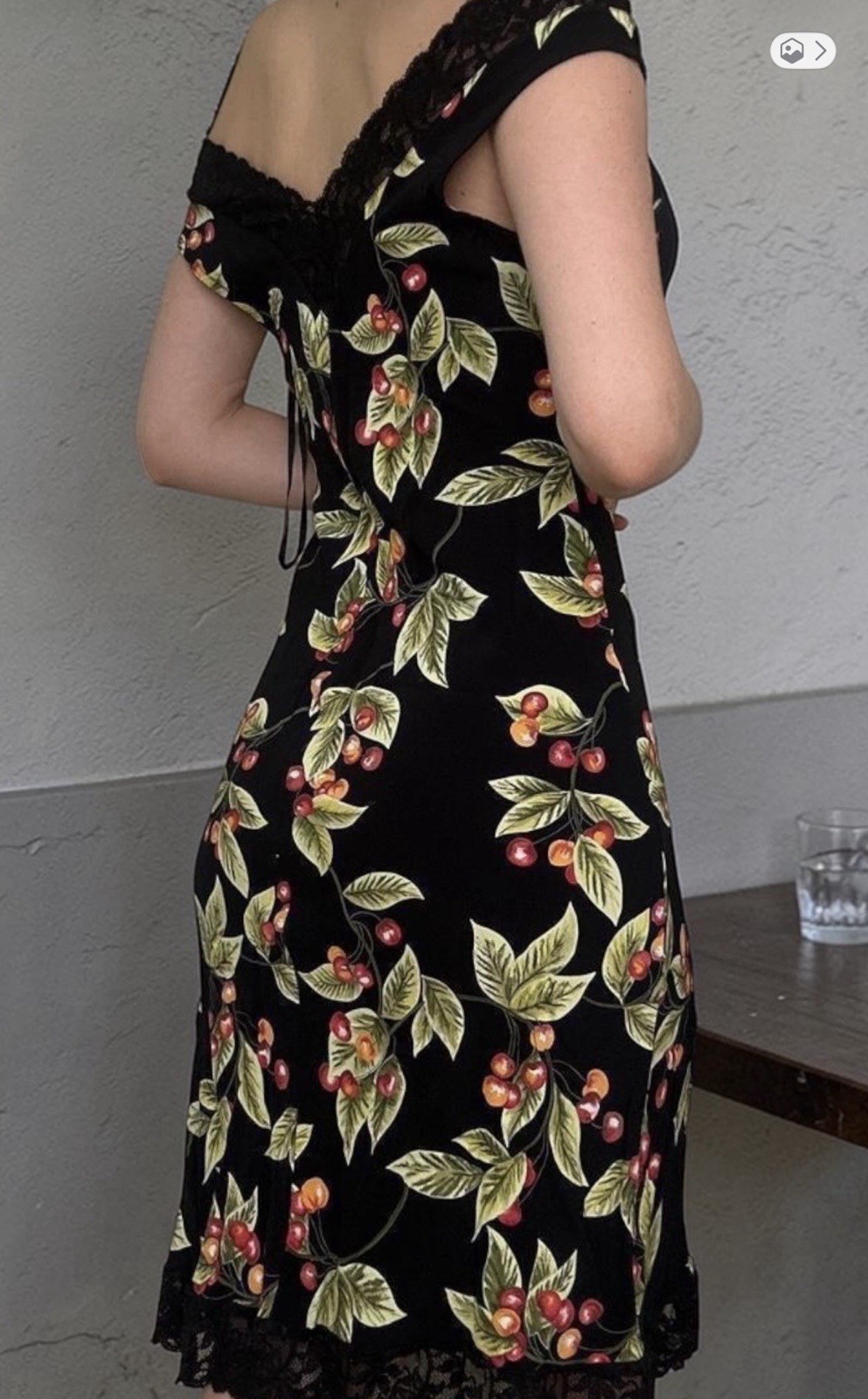 Vintage Y2K Bebe Cherry Print Lace Trim Slip Dress, Black Red, Women&rsquo;s Size M
