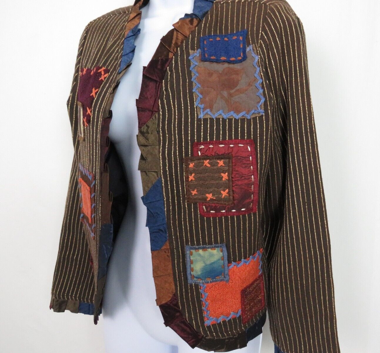 VTG 1990s 2000s SHARON ANTHONY BY CRYSTAL STRIPED PATCHWORK JACKET SIZE MEDIUM