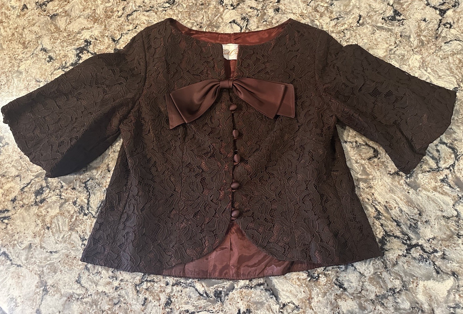 Vintage Carol Craig Lace Overlay Cropped Jacket Bow Crop Bolero Brown Sz 12
