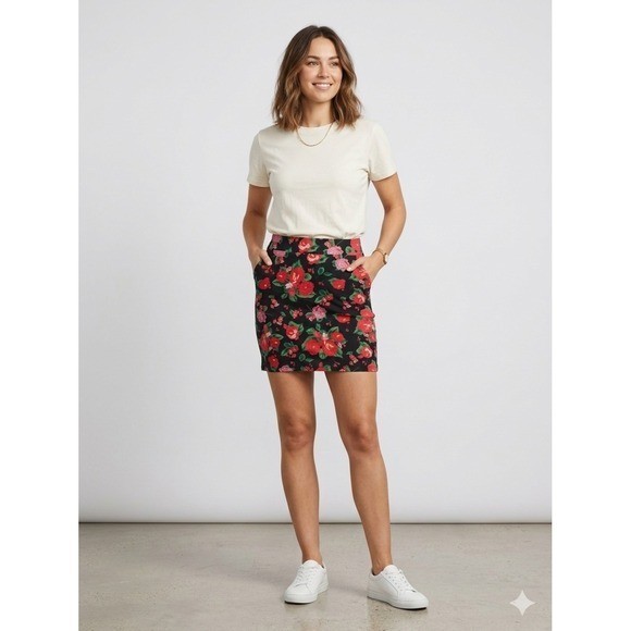 XXI Essentials Forever 21 Floral Mini Skirt Black Red Rose Print Size Large
