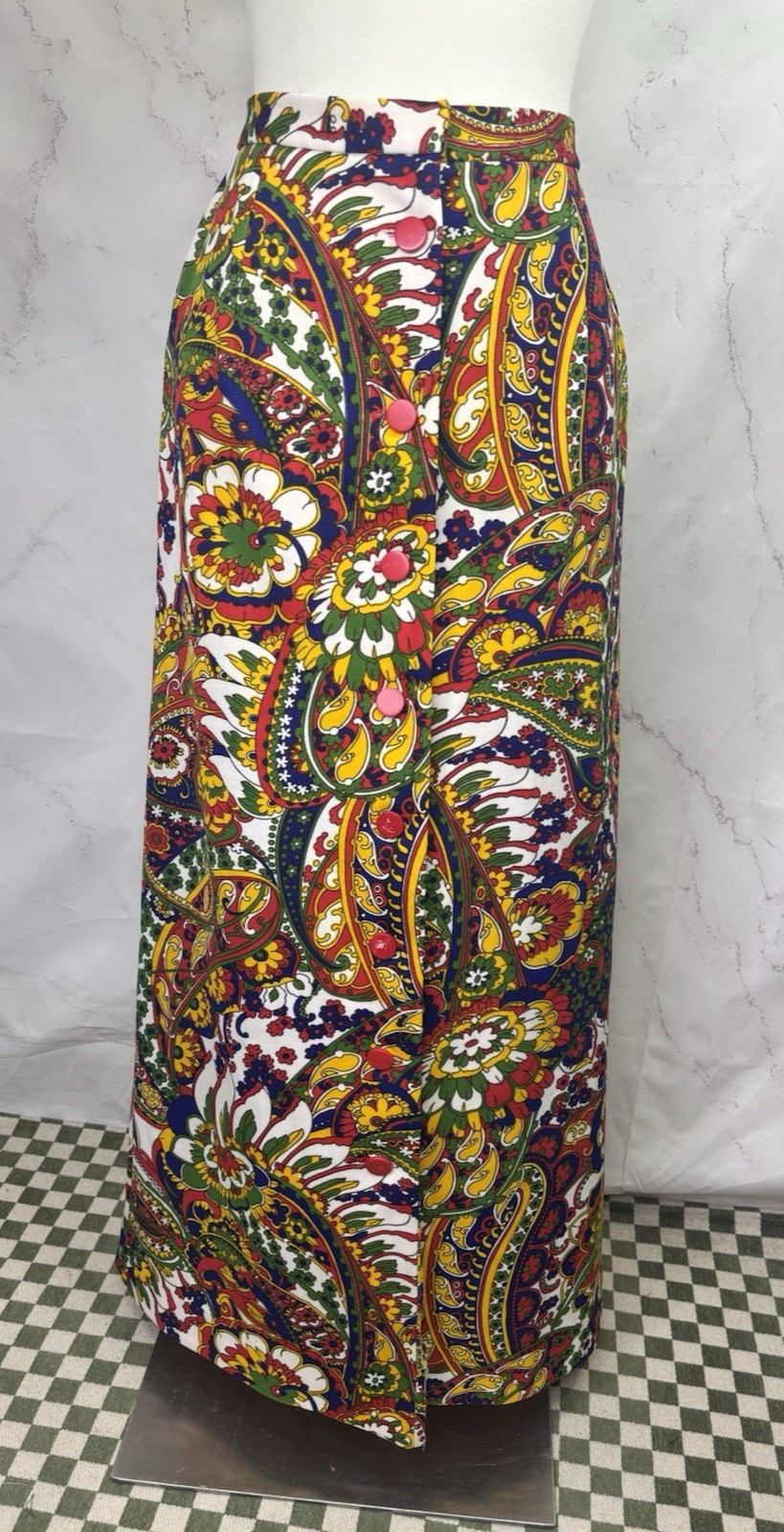 Vintage 60s MOD Maxi Skirt Psychedelic Paisley Retro Button Front XS MCM 70s