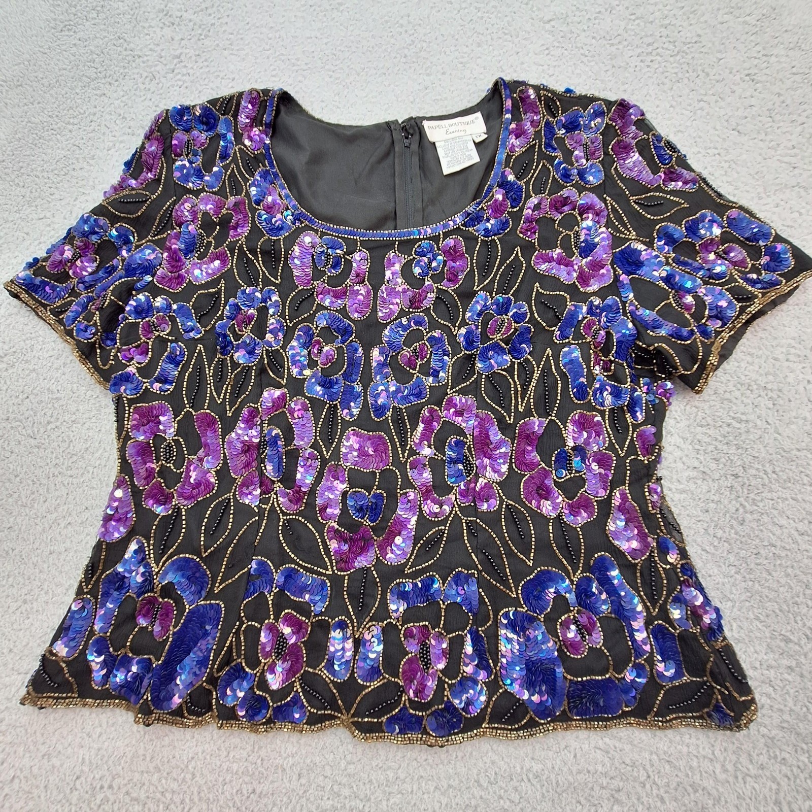 VINTAGE Papell Boutique Evening Top Womens 1X Silk Beaded Sequin Floral 90s