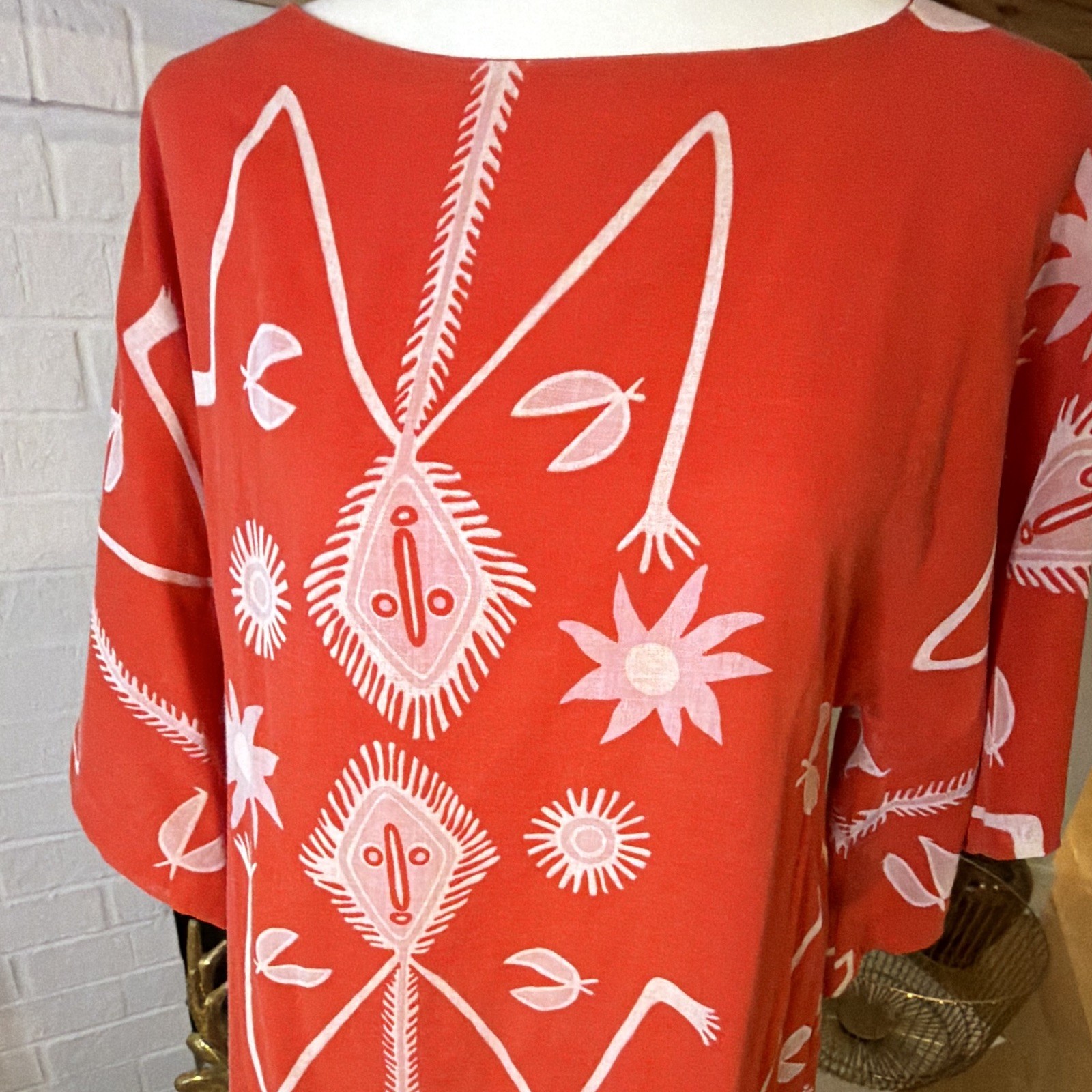 VTG Lazy U Caftan Dress Red White Abstract Print Polyester Cotton Size Regular