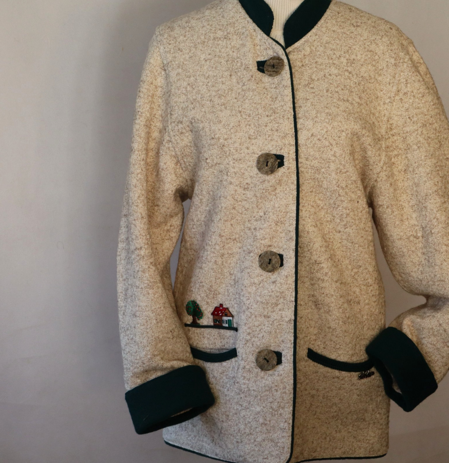 Vtg Wool Chenille Arber Jacket Tan, Green Knit w Embroidery Sz 36 Small Germany