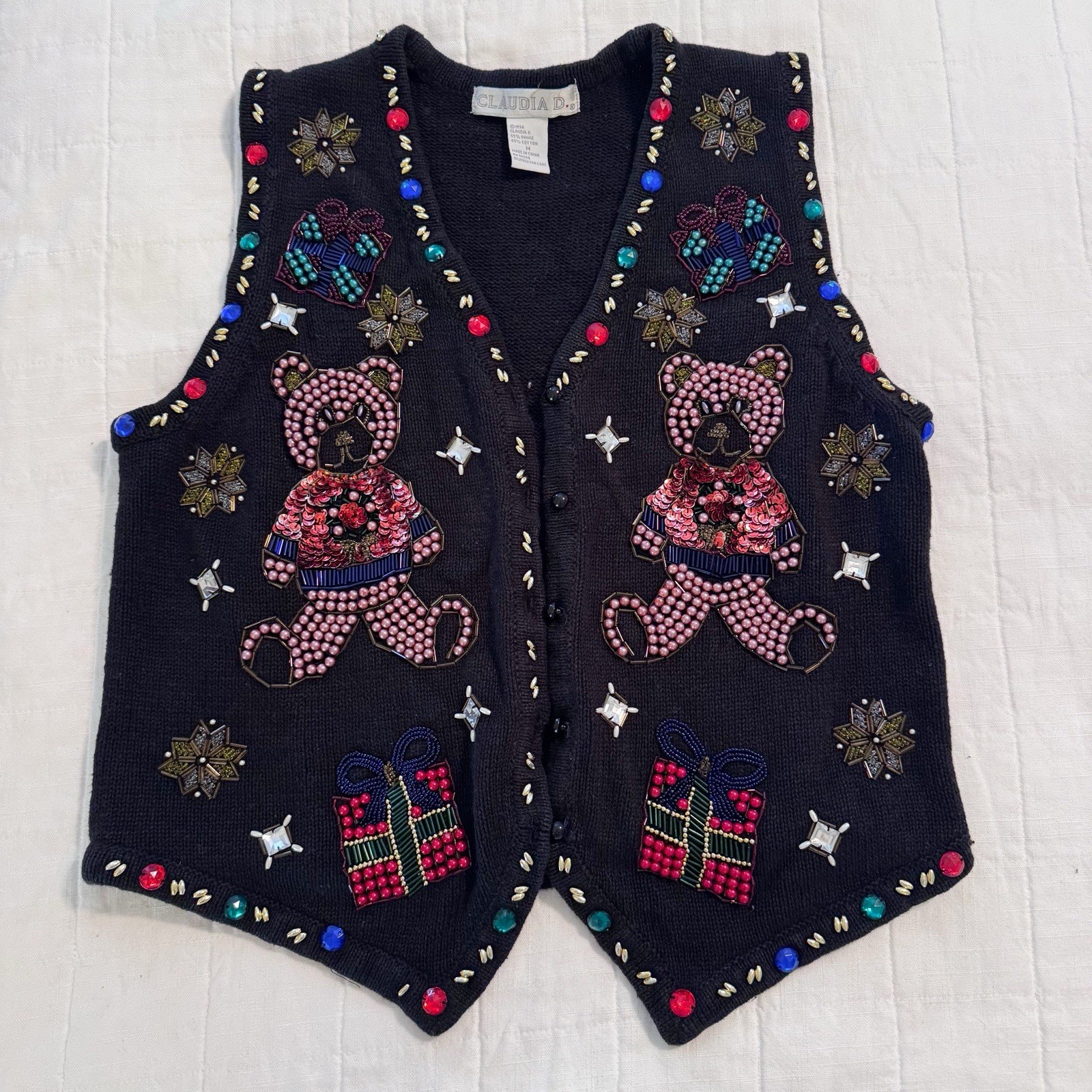 Vintage 90s Claudia D. Beaded Sequenced Christmas Sweater Vest Black Med Womens